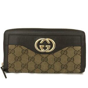 EGA GUCCI Interlocking G GG Logo Canvas Leather Zip Around Long Wallet/7BK0766